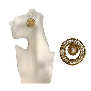 Vintage Napier Gold Large Circle Pearl Earrings w Pearl Center | Pierced